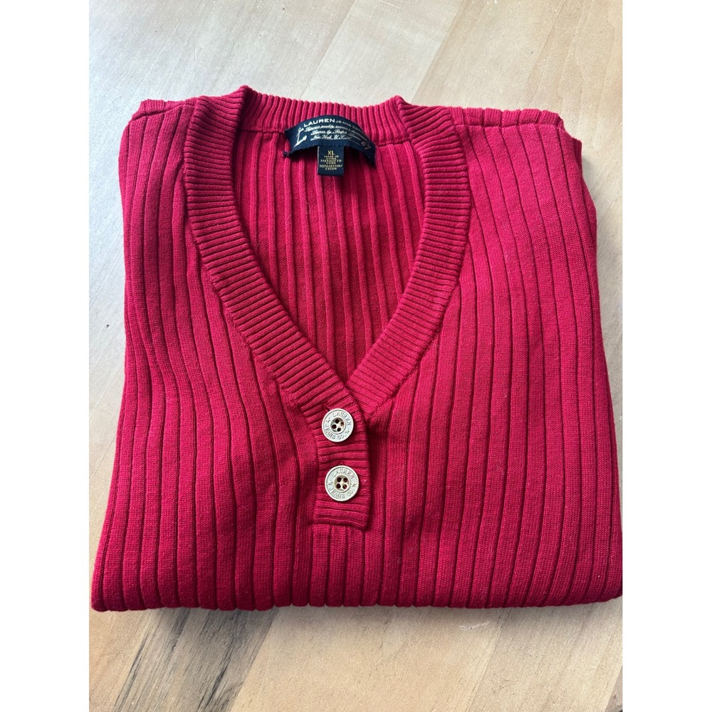 LAUREN JEANS COMPANY Ralph Lauren Red Ribbed V Neck Button Henley Sweater XL‎